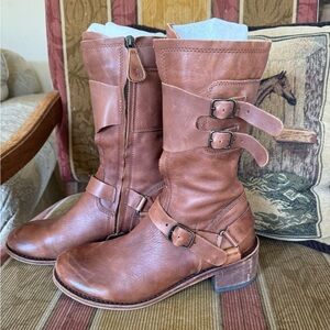 Gee Wawa Women Moto Biker Buckle Brown Rustic Leather Riding Boots size 8.5